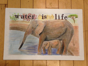 Erin Marble’s representation of water-seeking elephants at a drinking pond in Africa where water is scarce.