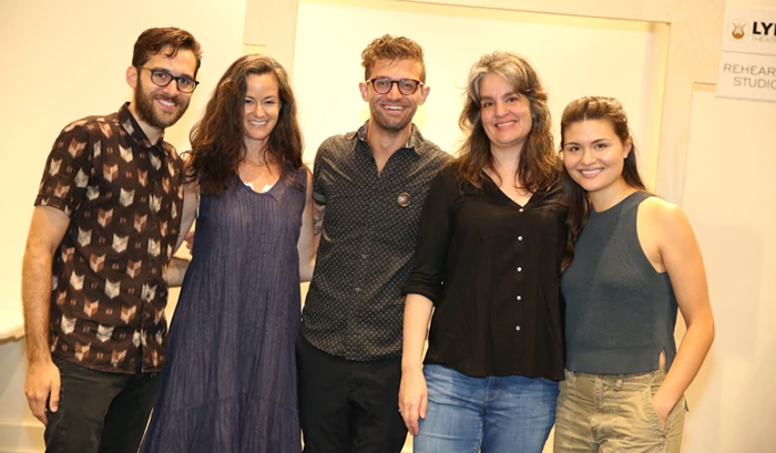 From left, Adam Chanler-Berat, Kimberly Grigsby, Sam Pinkleton, Pam MacKinnon and Phillipa Soo from the cast of ‘Amelie.’